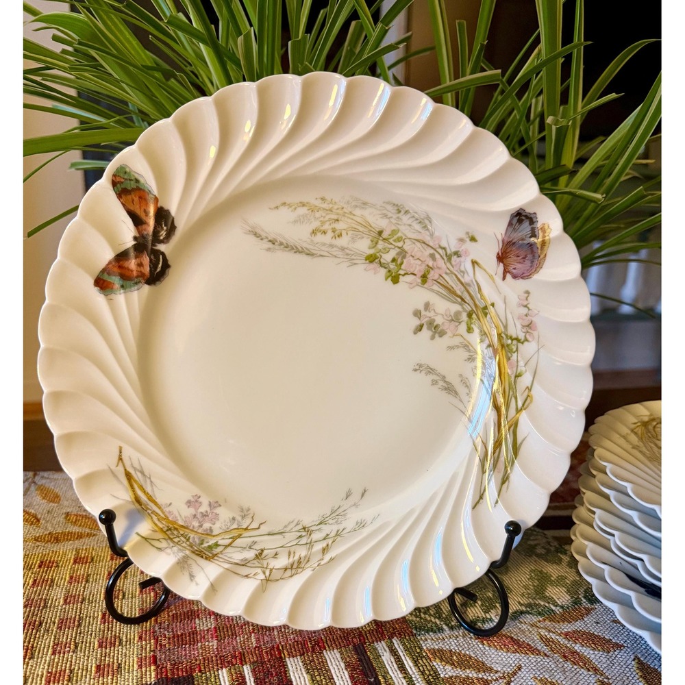 Antique Haviland Limoges Butterfly Plates, Victorian Floral Salad Set (Set of 7)